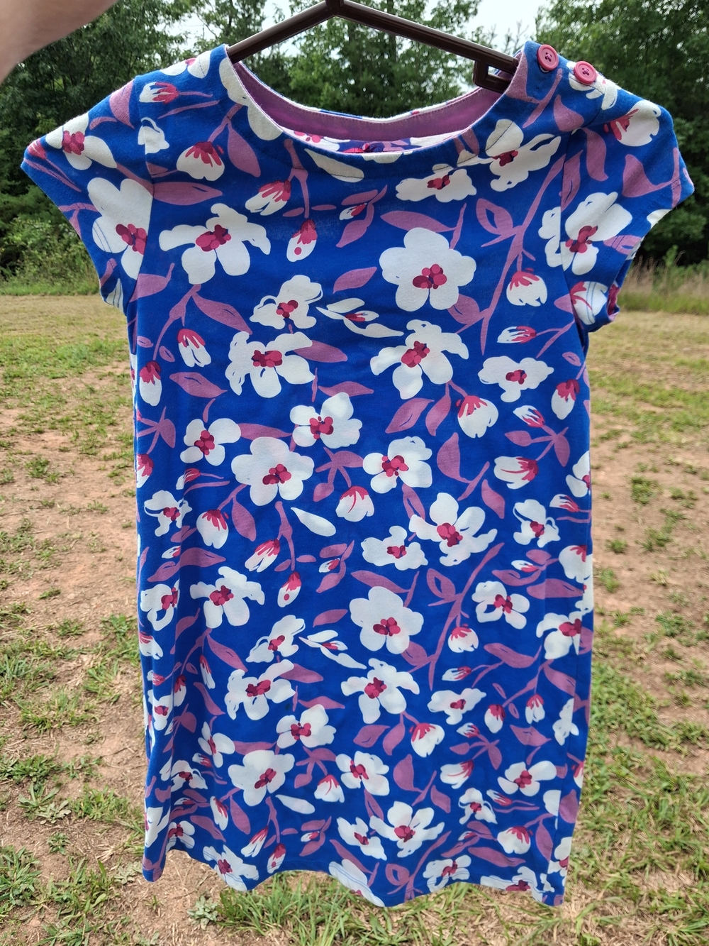 Girls' Blue Floral Casual Dress with Pink Accents Size L